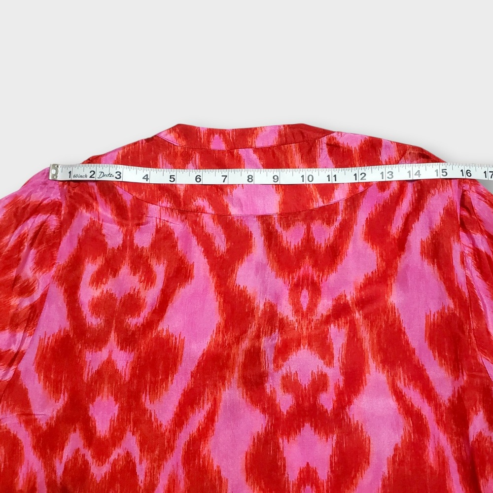 Maria Cher Loose Fit 100% Silk Blouse Pink Red Ikat Print Bishop Sleeve Large - Picture 10 of 11